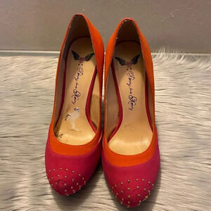 Penny Loves Kenny Pink & Orange Suede with Gold Beaded Top Accent Heels